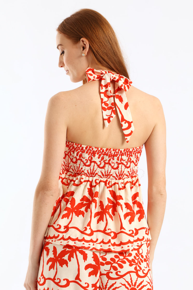 O-Ring Halter Babydoll Top - White/Orange