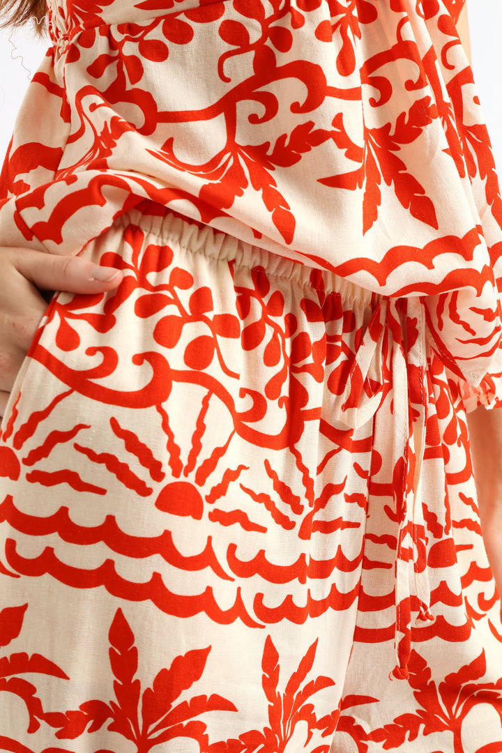 Pull-On Wideleg Pant With Ties - White/Orange