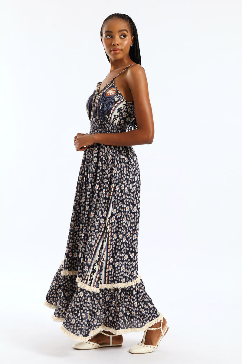 Shirred Waist Patchwork Midaxi Dress - Navy