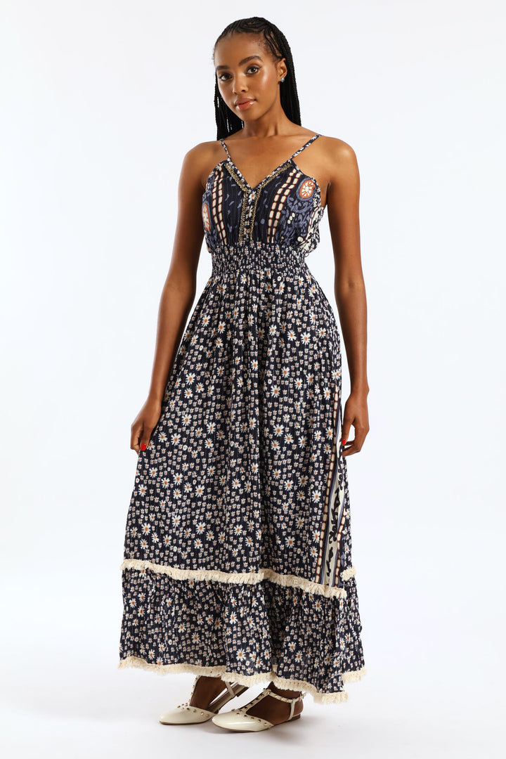 Shirred Waist Patchwork Midaxi Dress - Navy