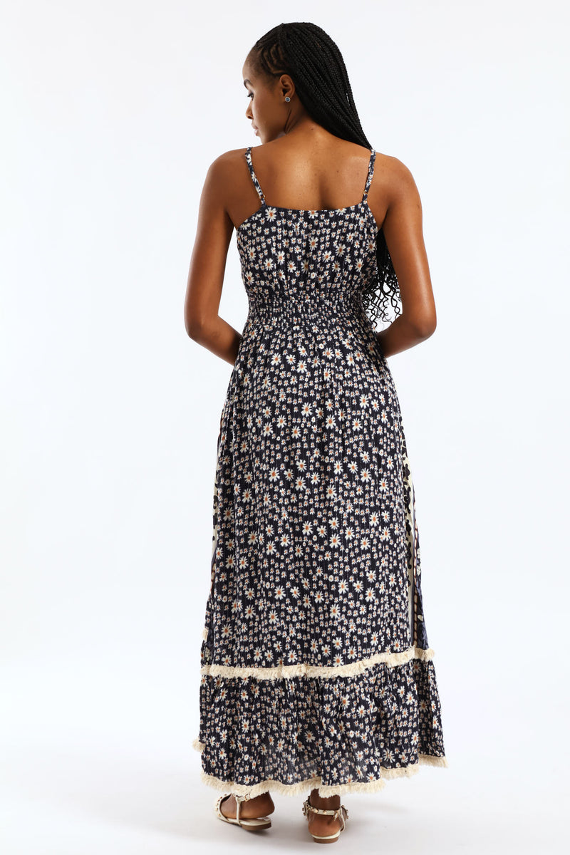 Shirred Waist Patchwork Midaxi Dress - Navy