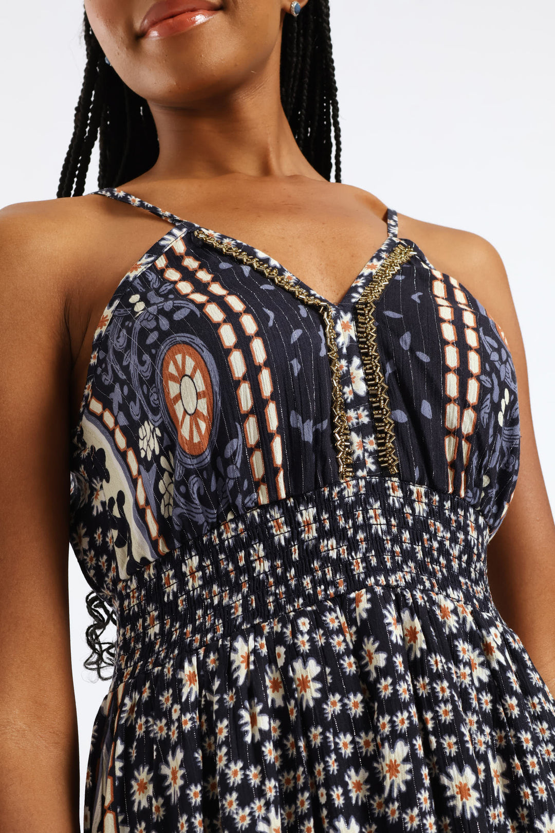 Shirred Waist Patchwork Midaxi Dress - Navy