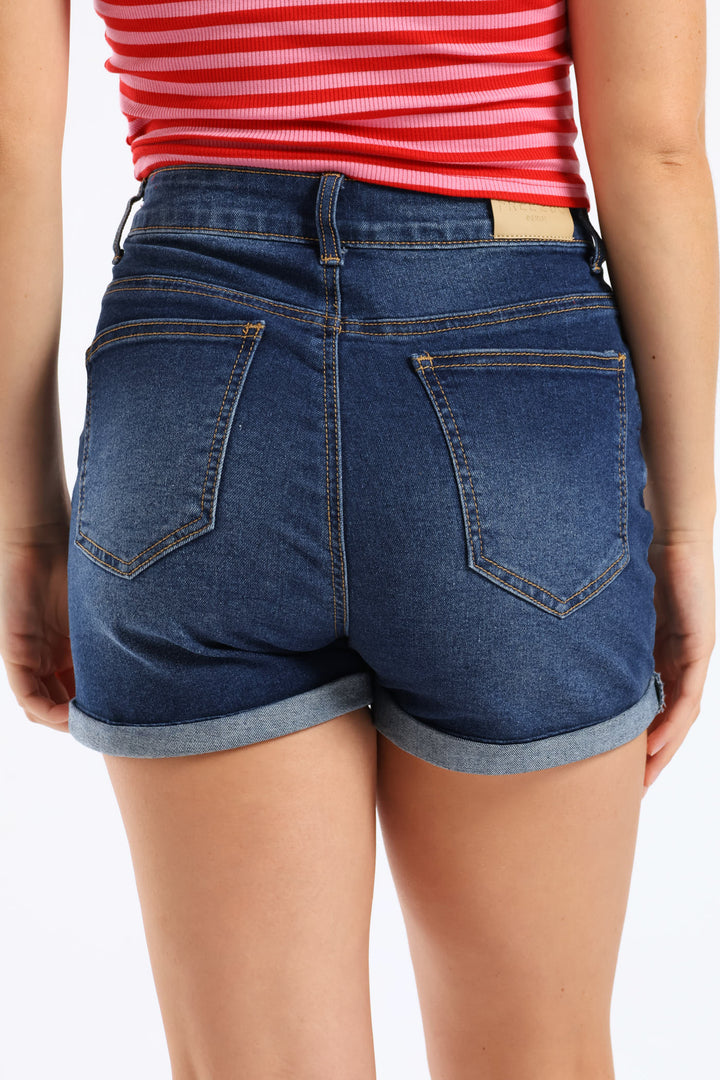 Roll Hem Stretch Cheeky Short - Mid Blue