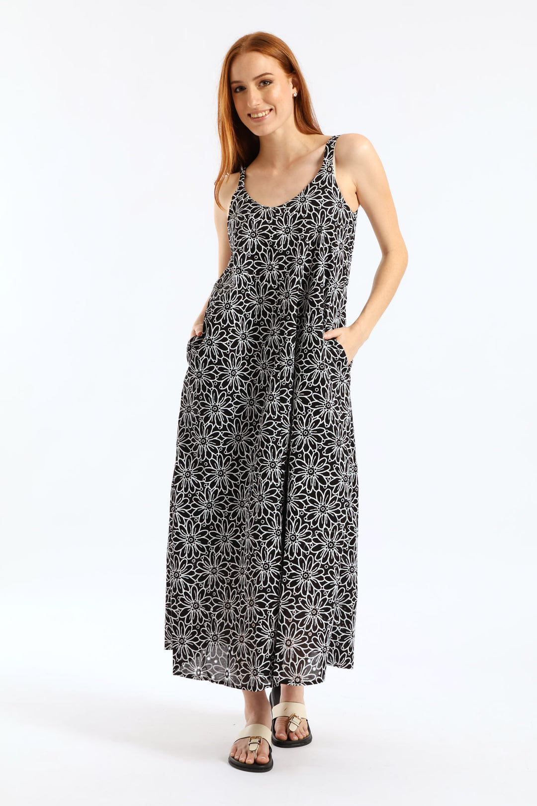 V-Neck Floral Puff Print Midi Dress - Black