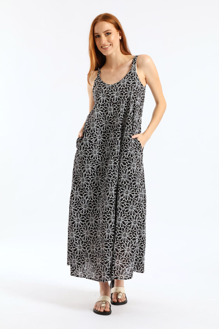 V-Neck Floral Puff Print Midi Dress - Black