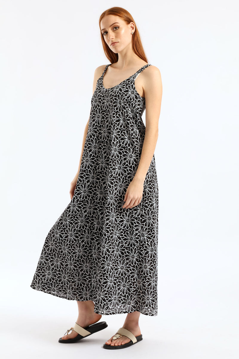 V-Neck Floral Puff Print Midi Dress - Black