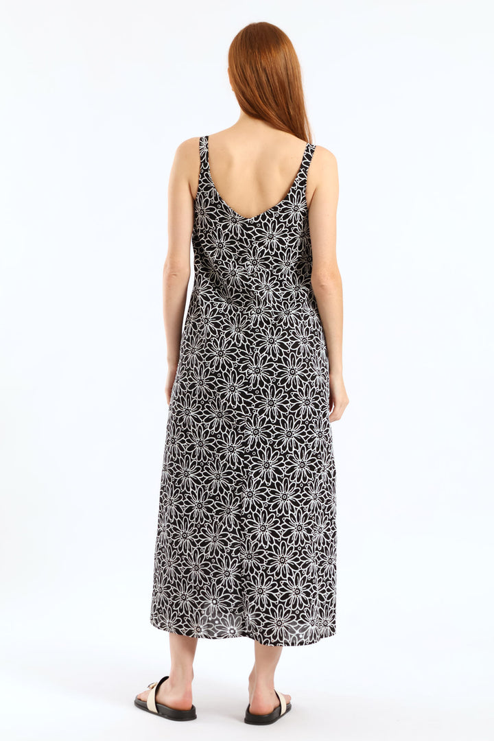 V-Neck Floral Puff Print Midi Dress - Black