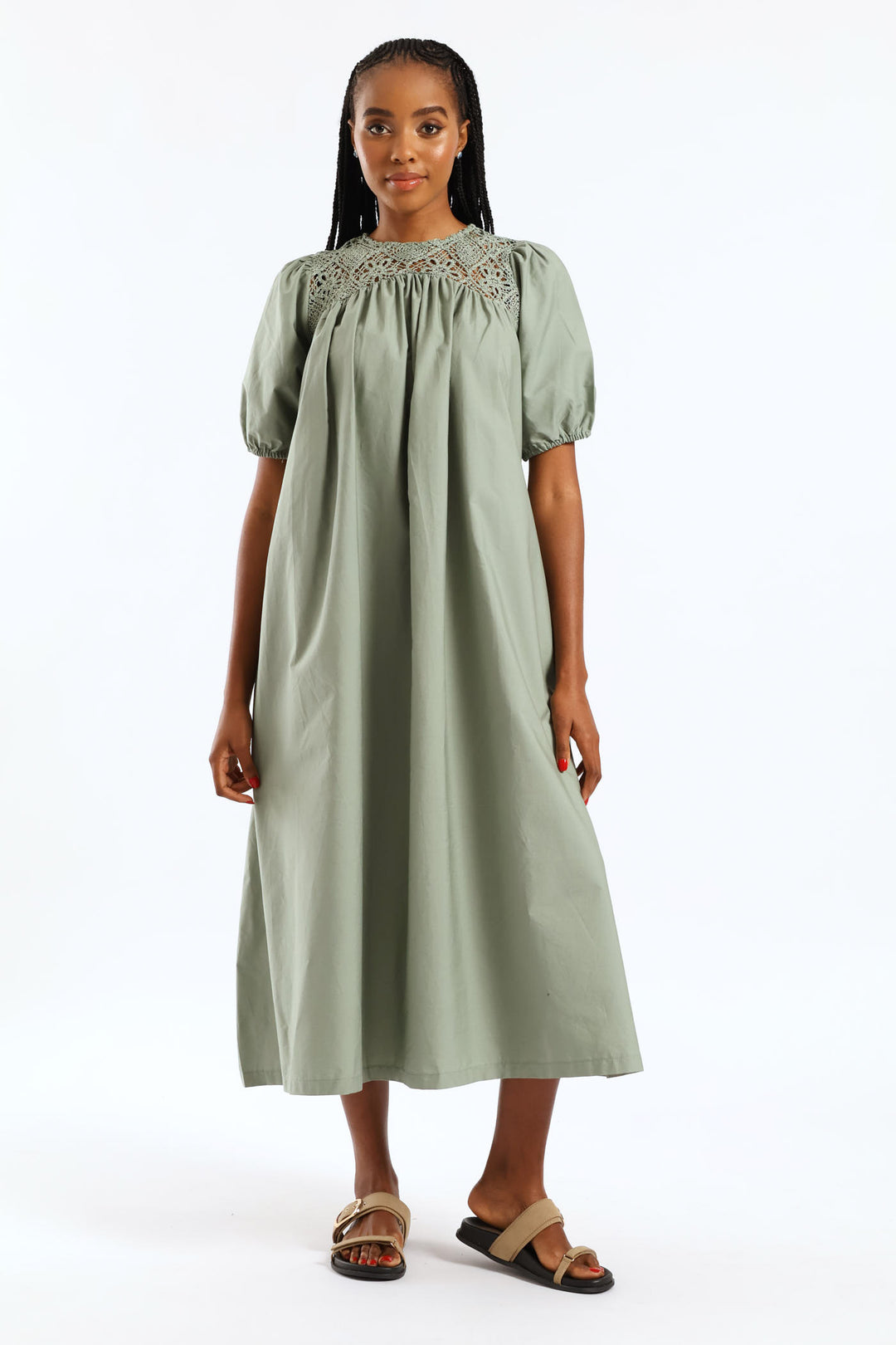 Ladies Puff Sleeve Crochet Yoke Midaxi Dress - Sage Edgars Ladies Puff Sleeve Crochet Yoke Midaxi Dress - Sage Edgars