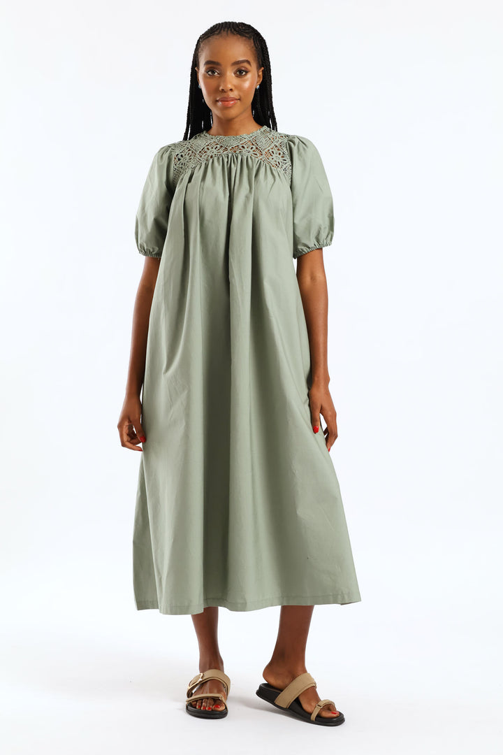 Puff Sleeve Crochet Yoke Midaxi Dress - Sage