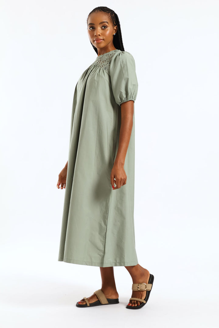Puff Sleeve Crochet Yoke Midaxi Dress - Sage