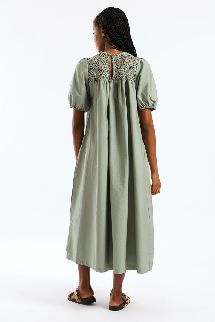 Puff Sleeve Crochet Yoke Midaxi Dress - Sage