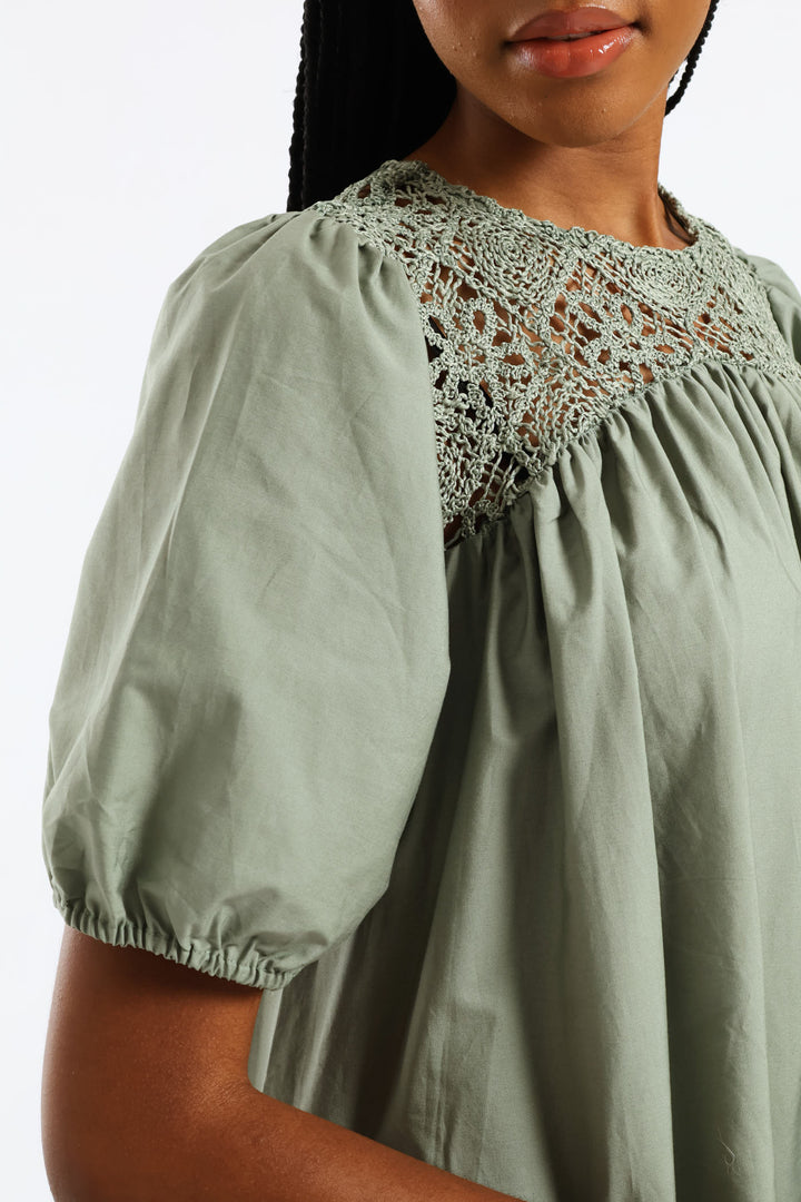 Puff Sleeve Crochet Yoke Midaxi Dress - Sage