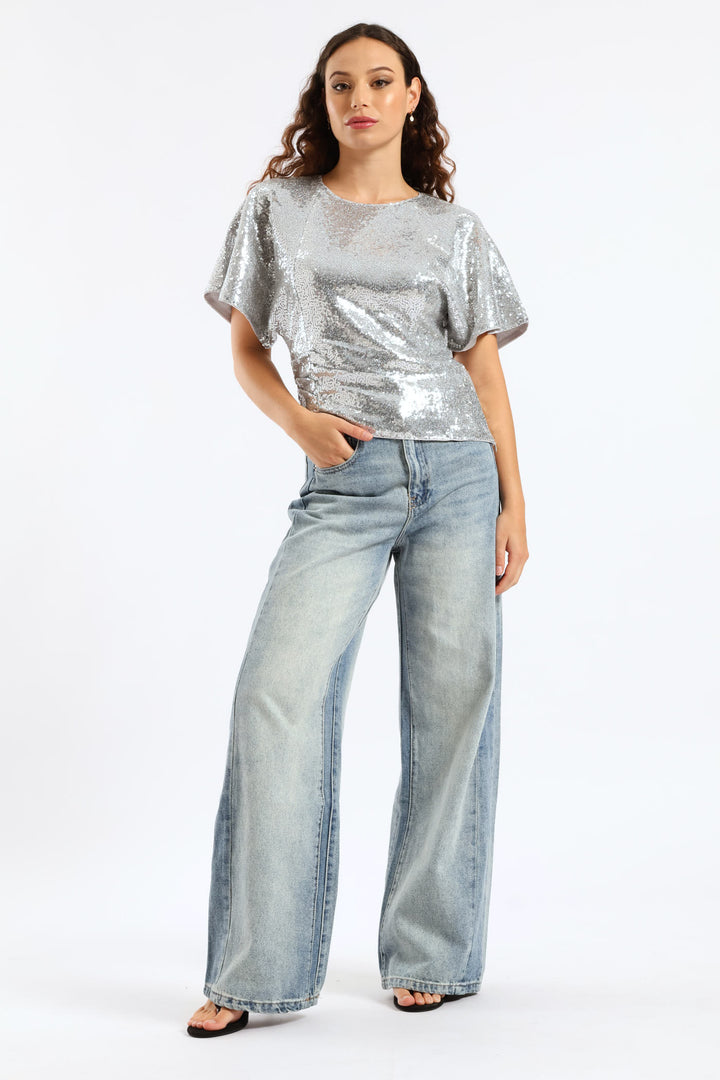 Short Sleeve Woven Sequin Blouse - Silver