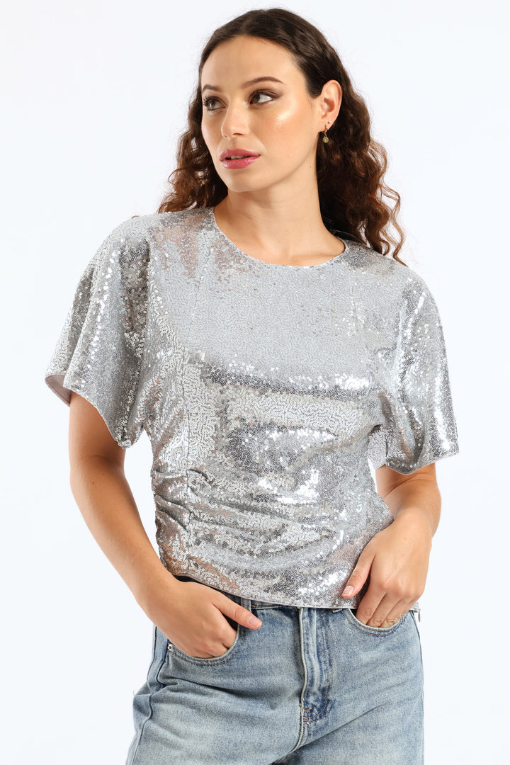 Short Sleeve Woven Sequin Blouse - Silver