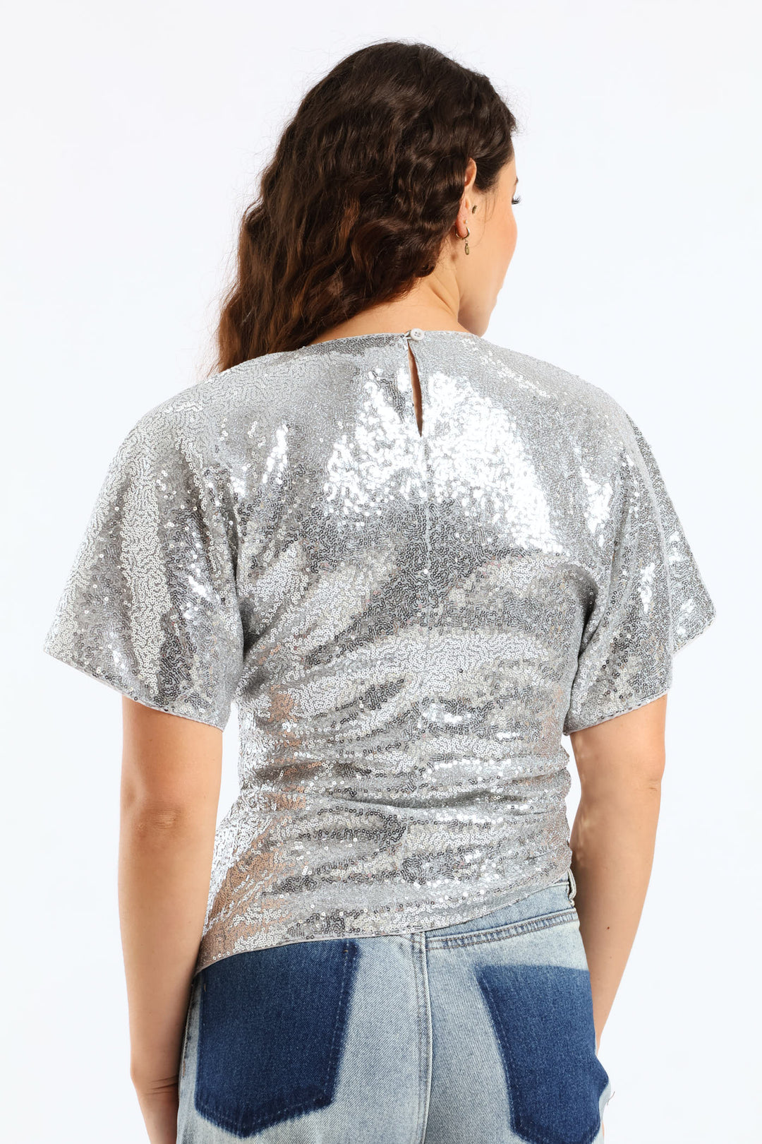 Short Sleeve Woven Sequin Blouse - Silver