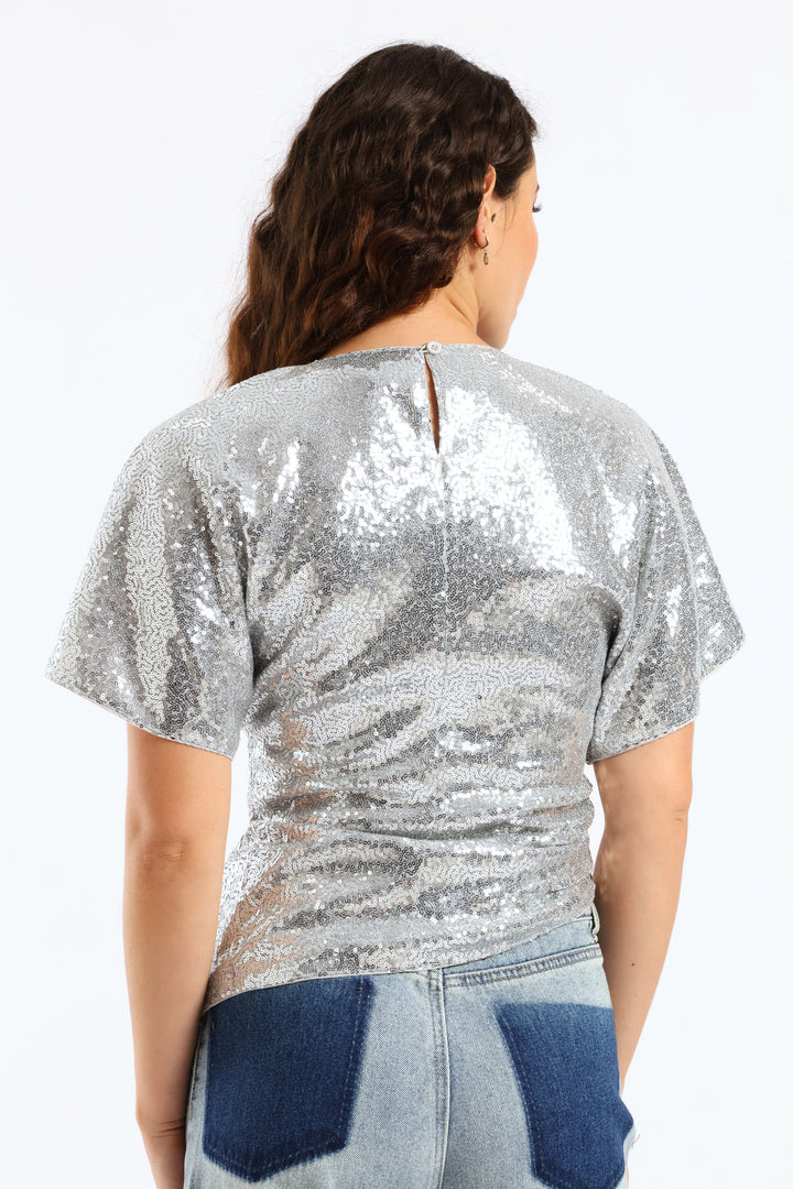 Short Sleeve Woven Sequin Blouse - Silver
