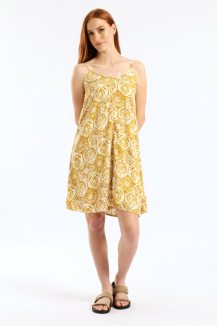 Strappy V-Neck Drawstring Back Swing Mini Dress - Mustard/Cream