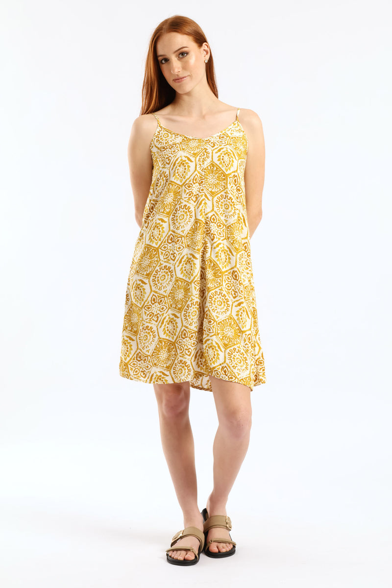 Strappy V-Neck Drawstring Back Swing Mini Dress - Mustard/Cream