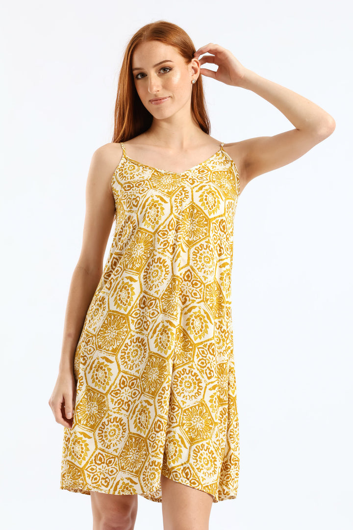 Strappy V-Neck Drawstring Back Swing Mini Dress - Mustard/Cream