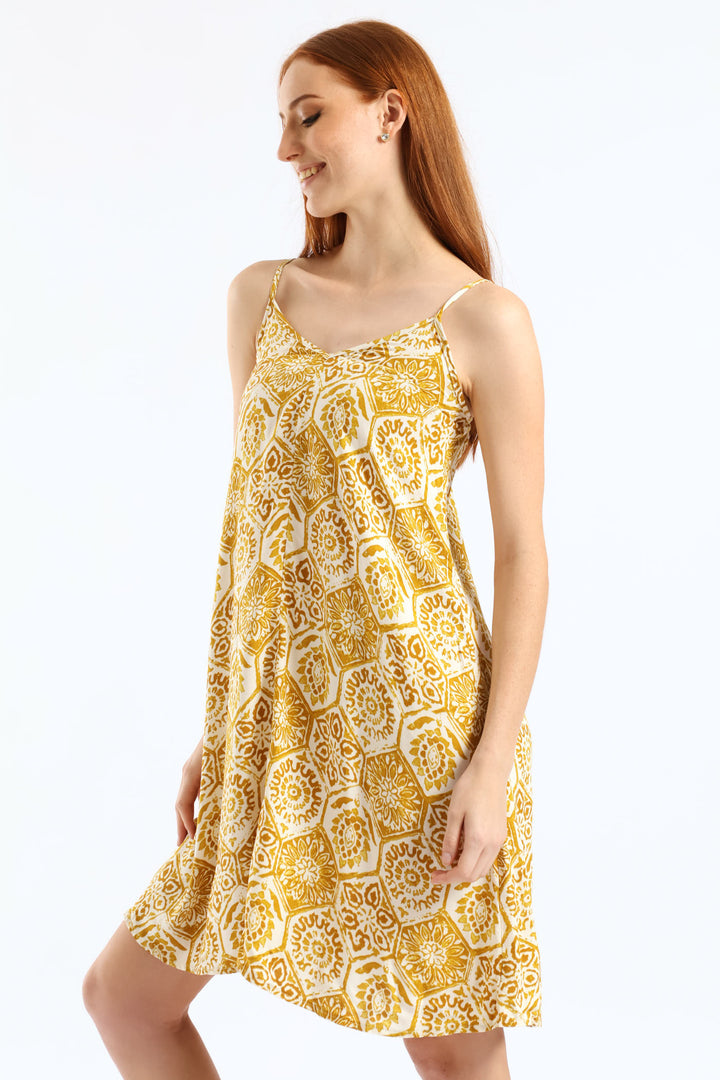 Strappy V-Neck Drawstring Back Swing Mini Dress - Mustard/Cream