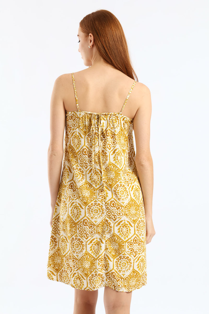 Strappy V-Neck Drawstring Back Swing Mini Dress - Mustard/Cream