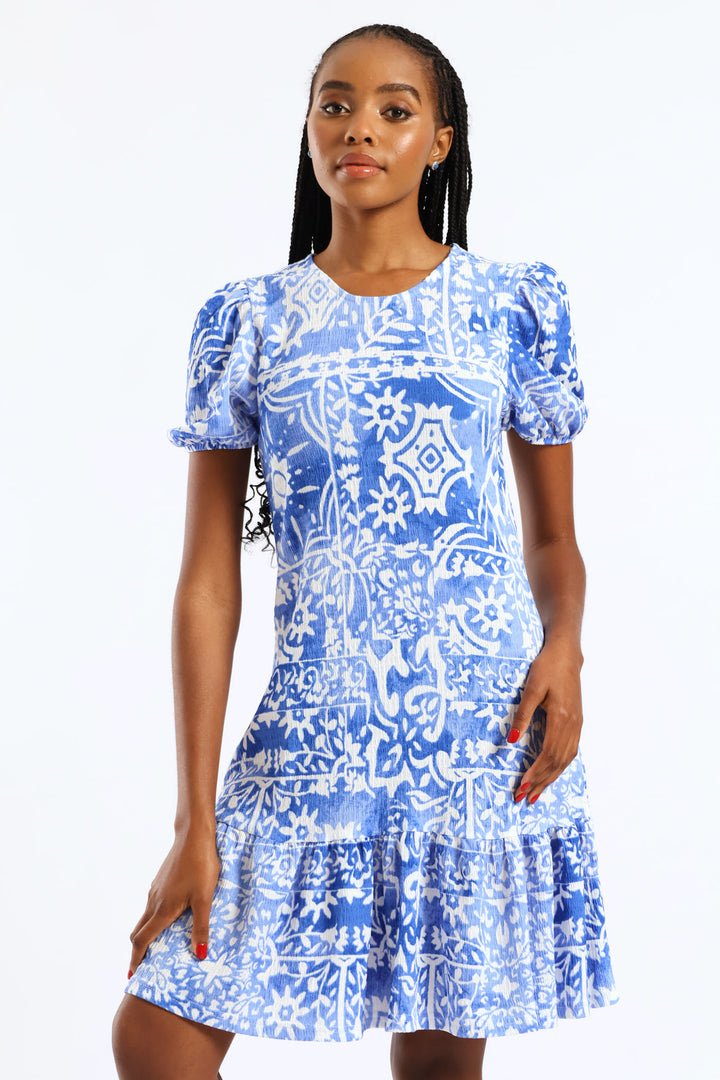 Puff Sleeve Crinkle Frill Hem Dress - White/Blue