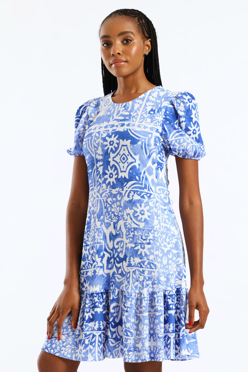 Puff Sleeve Crinkle Frill Hem Dress - White/Blue