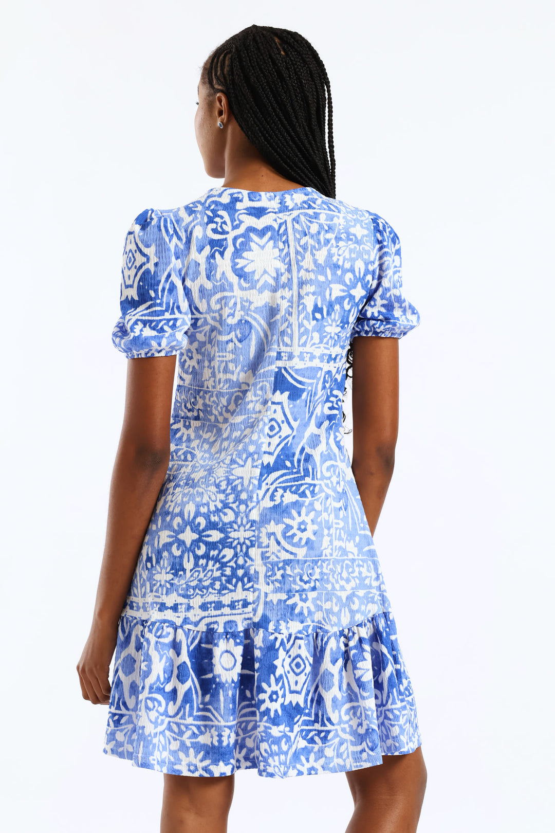 Puff Sleeve Crinkle Frill Hem Dress - White/Blue