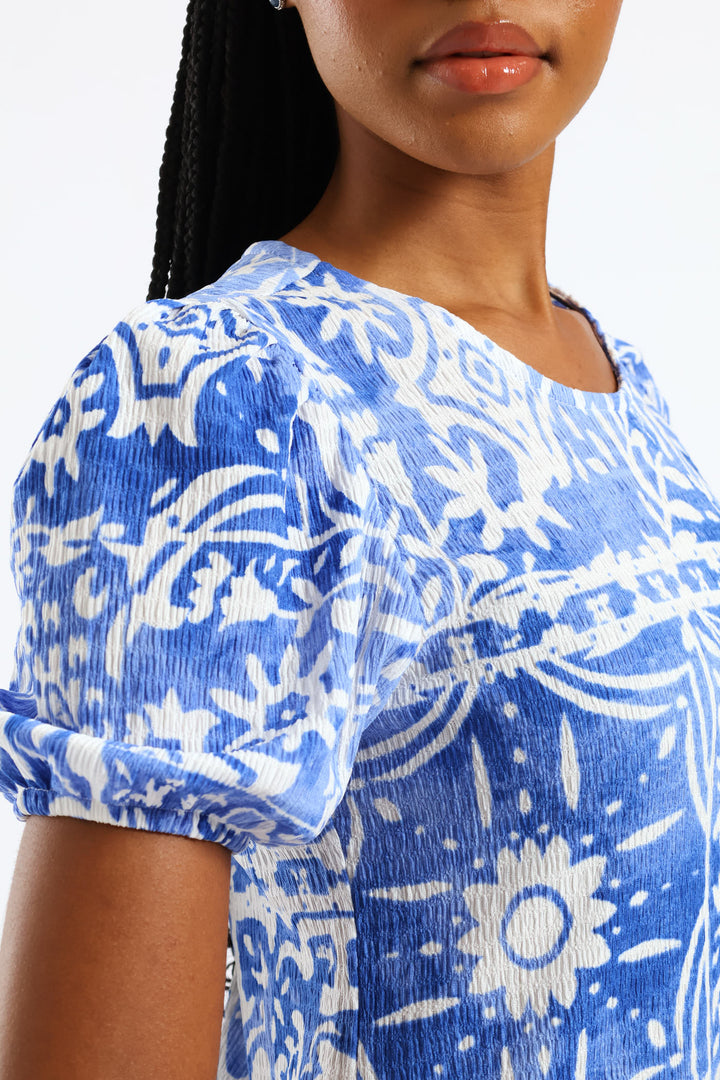 Puff Sleeve Crinkle Frill Hem Dress - White/Blue