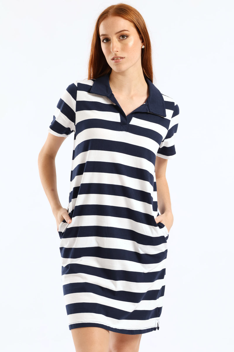 Johnny Collar T-Shirt Mini Dress - Navy/White