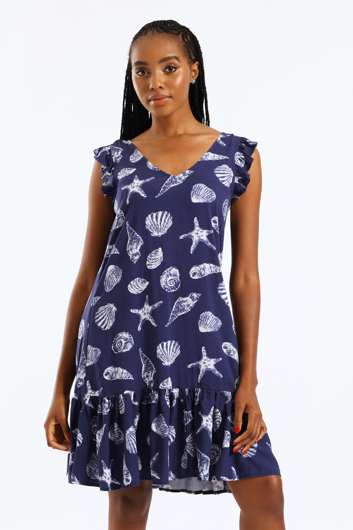 V-Neck Frill Sleeve Drop Hem Tie Detail Print Mini Dress - Navy/White