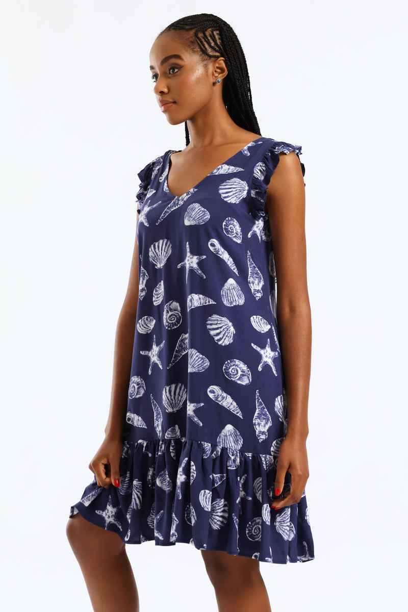 V-Neck Frill Sleeve Drop Hem Tie Detail Print Mini Dress - Navy/White