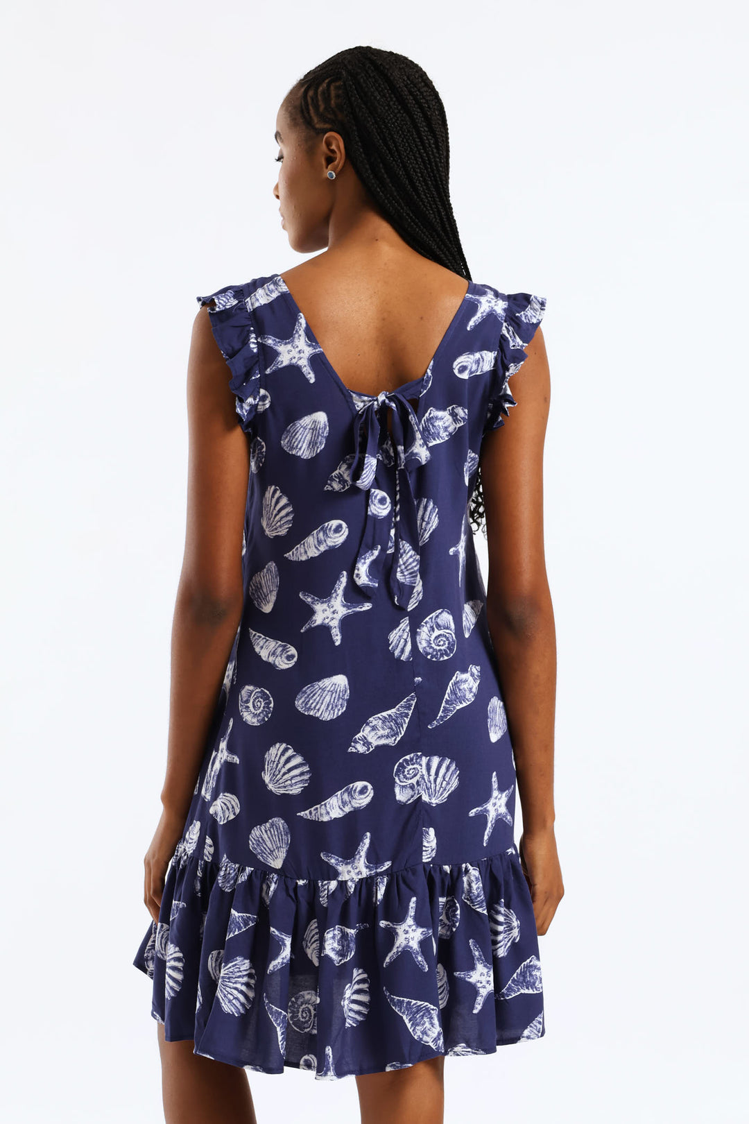 V-Neck Frill Sleeve Drop Hem Tie Detail Print Mini Dress - Navy/White
