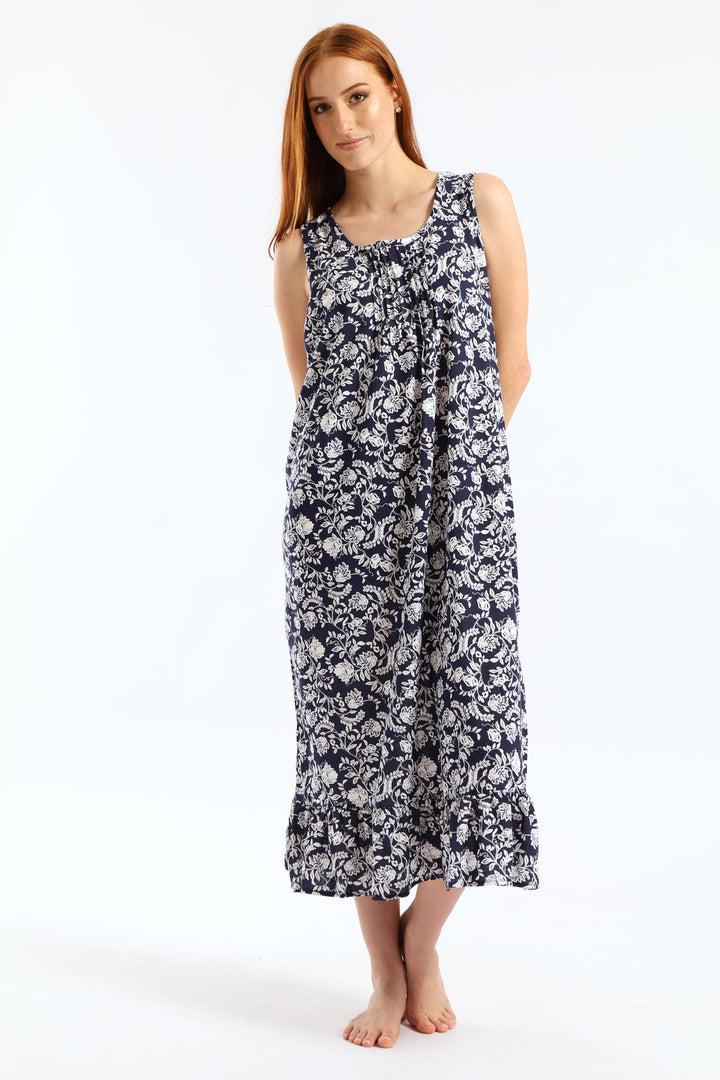 Floral Damask Long Length Knit Sleepshirt  - Navy