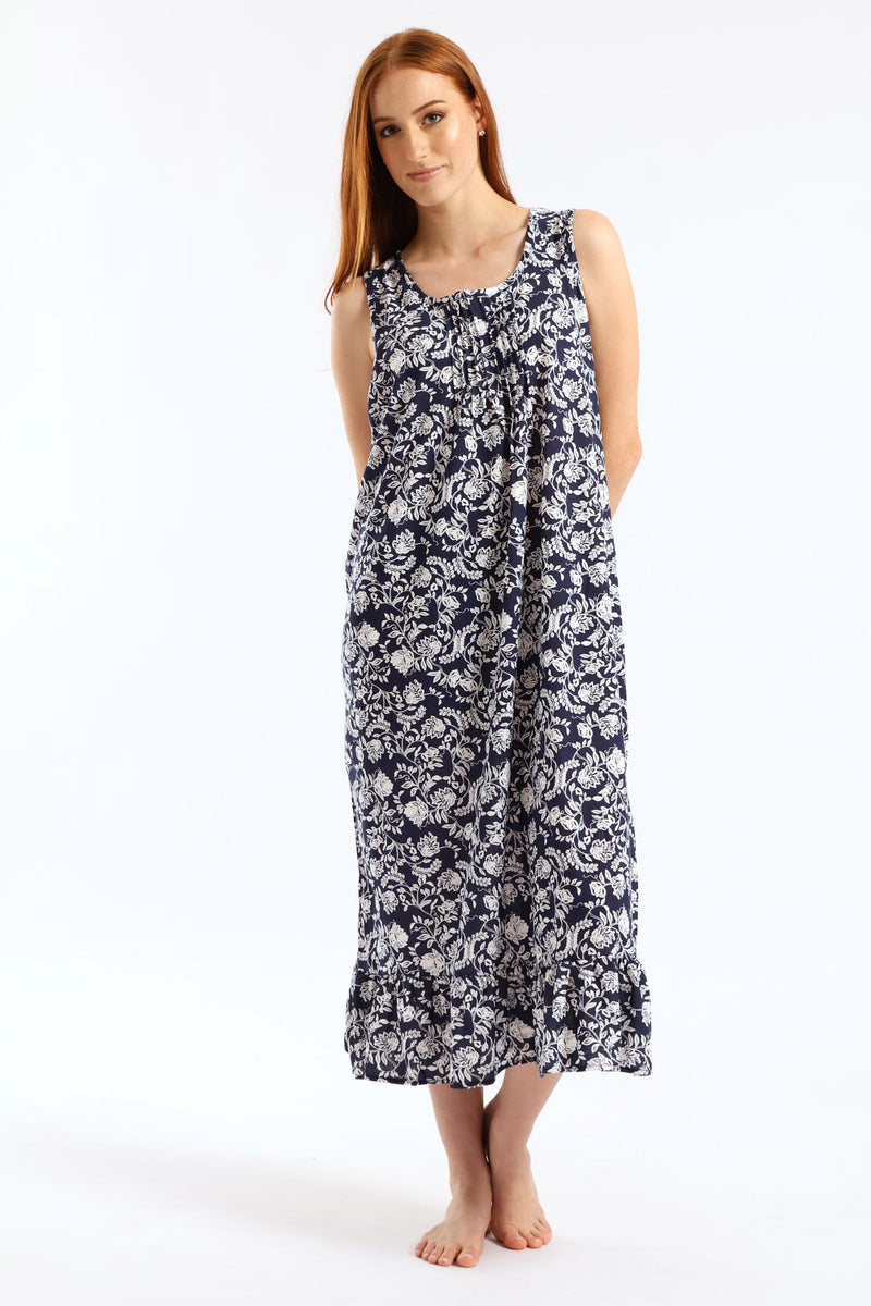 Floral Damask Long Length Knit Sleepshirt  - Navy