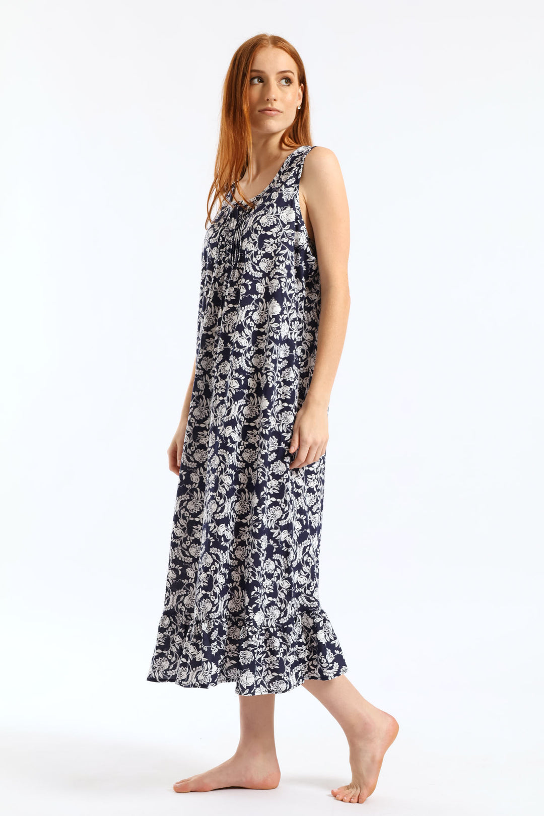 Floral Damask Long Length Knit Sleepshirt  - Navy