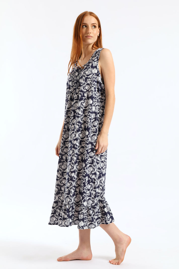 Floral Damask Long Length Knit Sleepshirt  - Navy