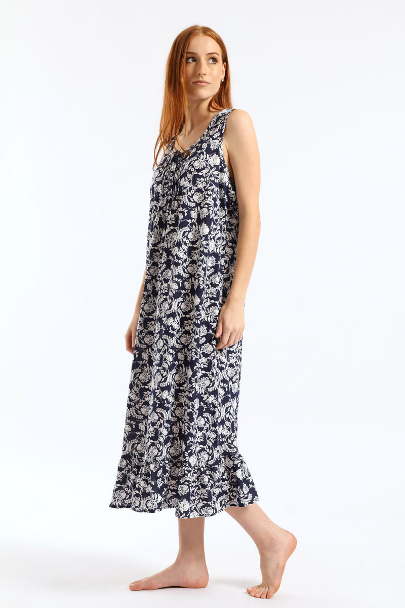 Floral Damask Long Length Knit Sleepshirt  - Navy