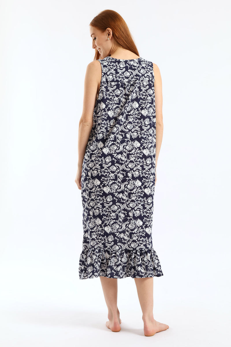 Floral Damask Long Length Knit Sleepshirt  - Navy
