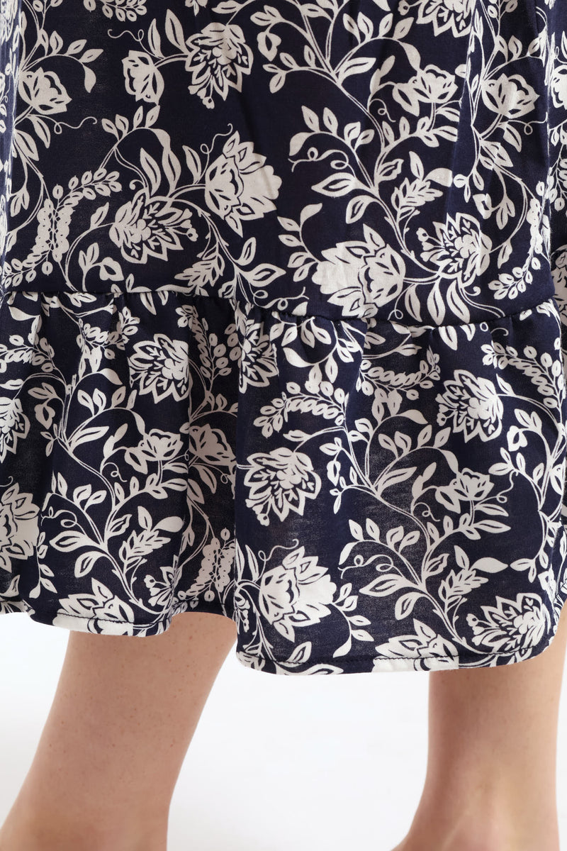Floral Damask Long Length Knit Sleepshirt  - Navy