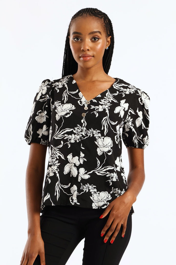 V-Neck Monochrome Floral Blouse - Black/Cream