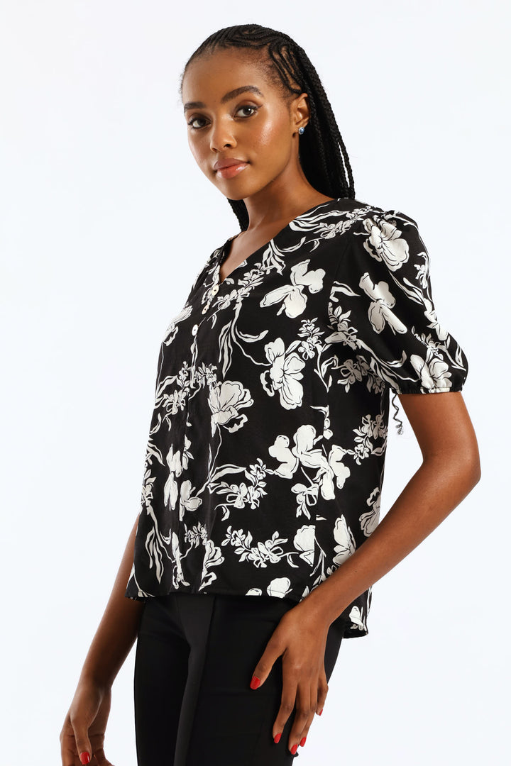 V-Neck Monochrome Floral Blouse - Black/Cream