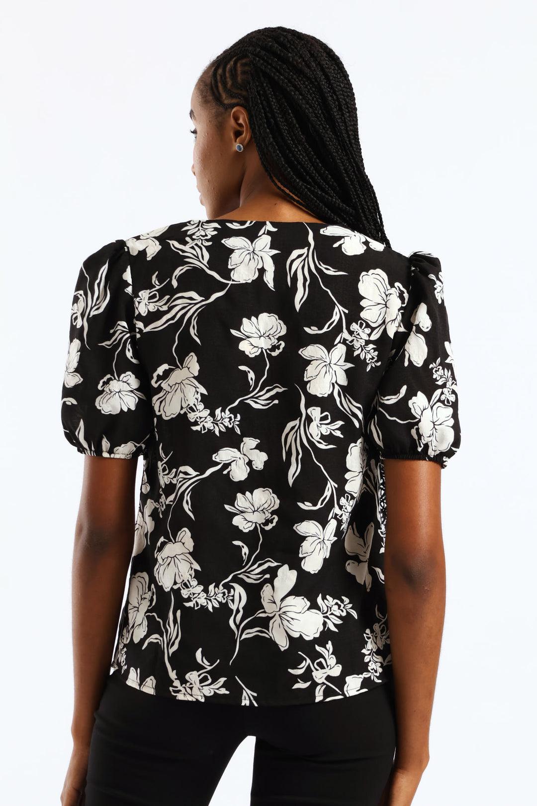 V-Neck Monochrome Floral Blouse - Black/Cream