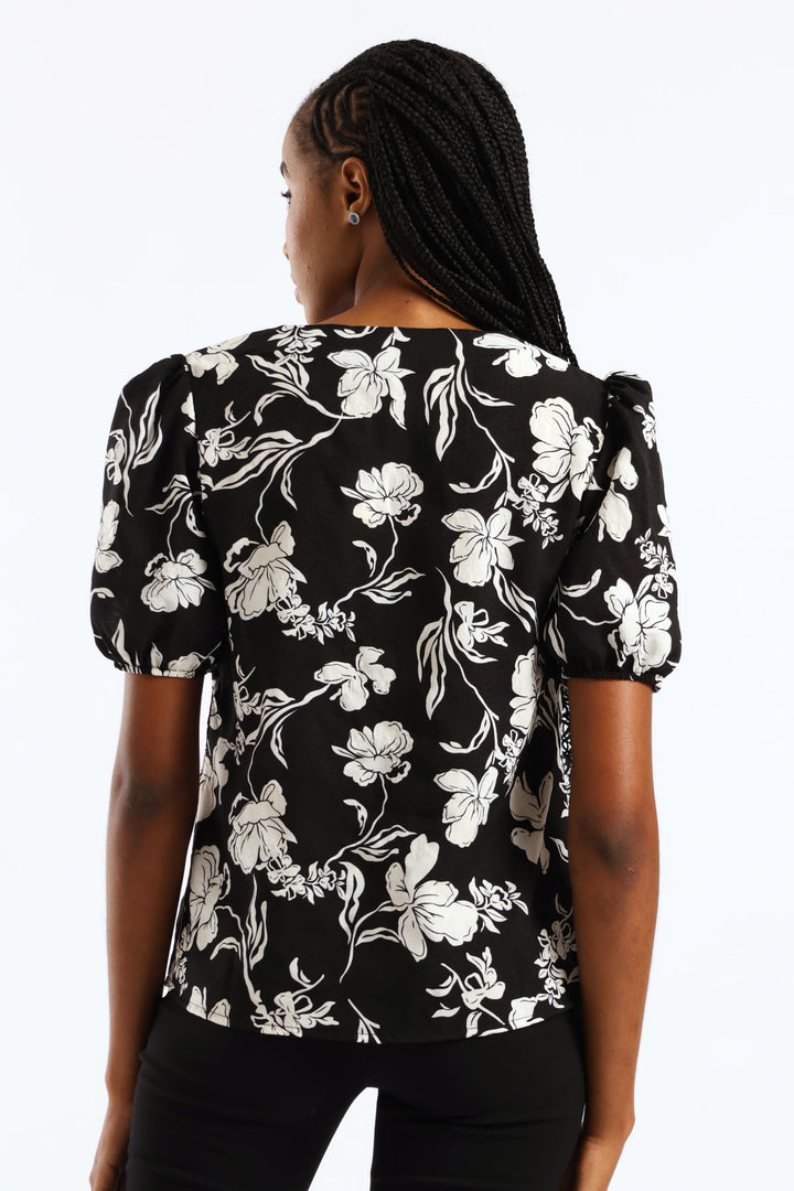 V-Neck Monochrome Floral Blouse - Black/Cream