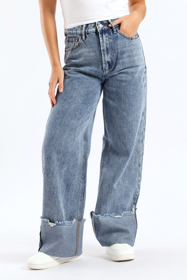 Turn Up Wide Leg Denim - Salty Mid Wash
