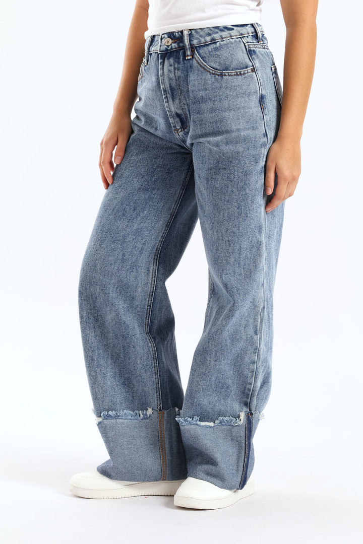 Turn Up Wide Leg Denim - Salty Mid Wash