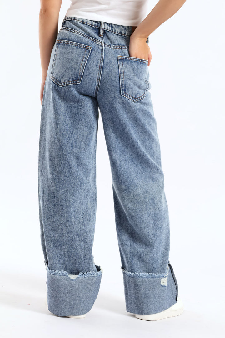 Turn Up Wide Leg Denim - Salty Mid Wash