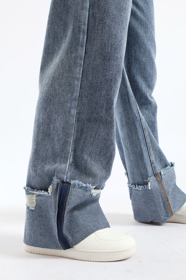 Turn Up Wide Leg Denim - Salty Mid Wash