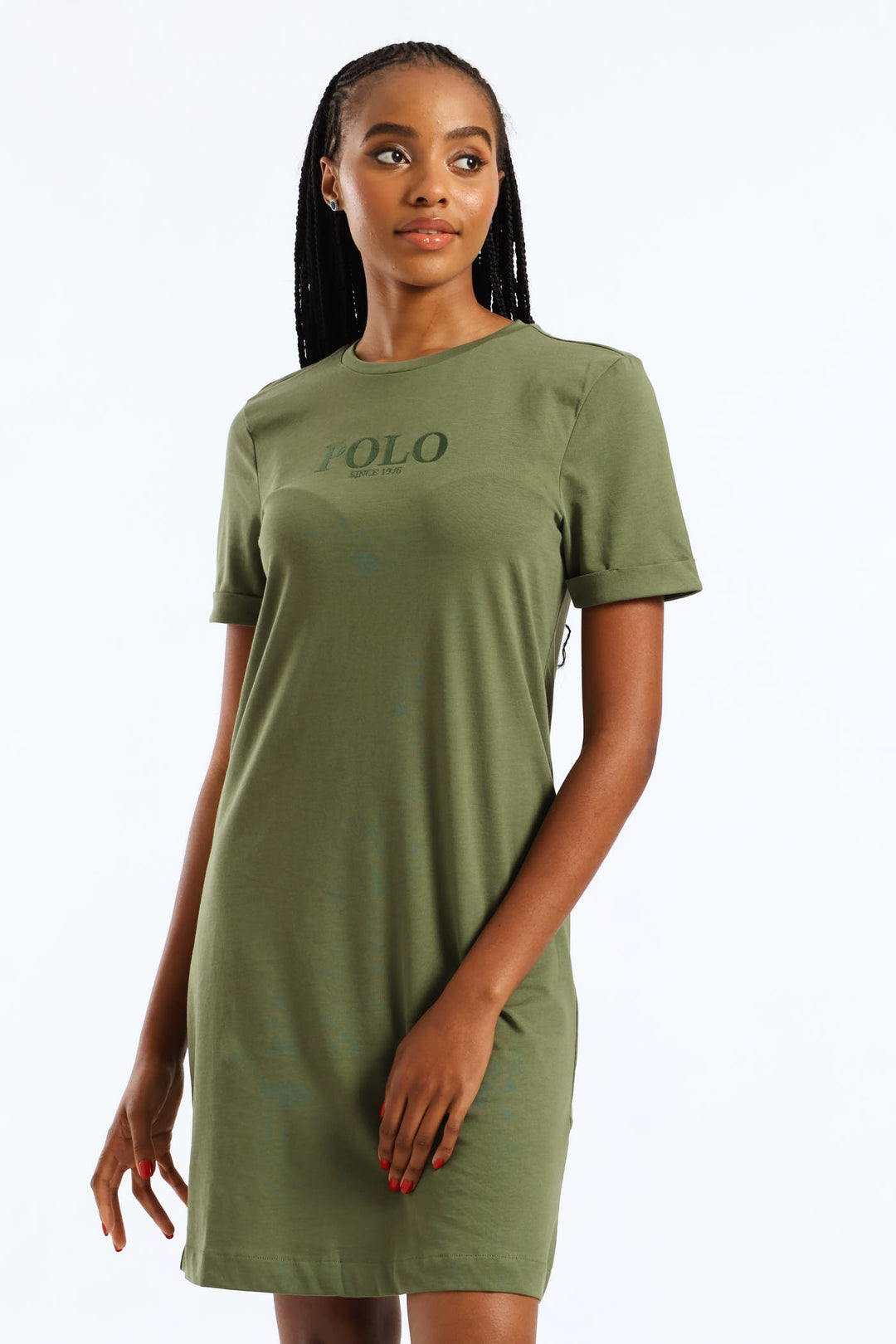 Ladies Nandi Short Sleeve Midi T-Shirt Dress - Olive Edgars Ladies Nandi Short Sleeve Midi T-Shirt Dress - Olive Edgars