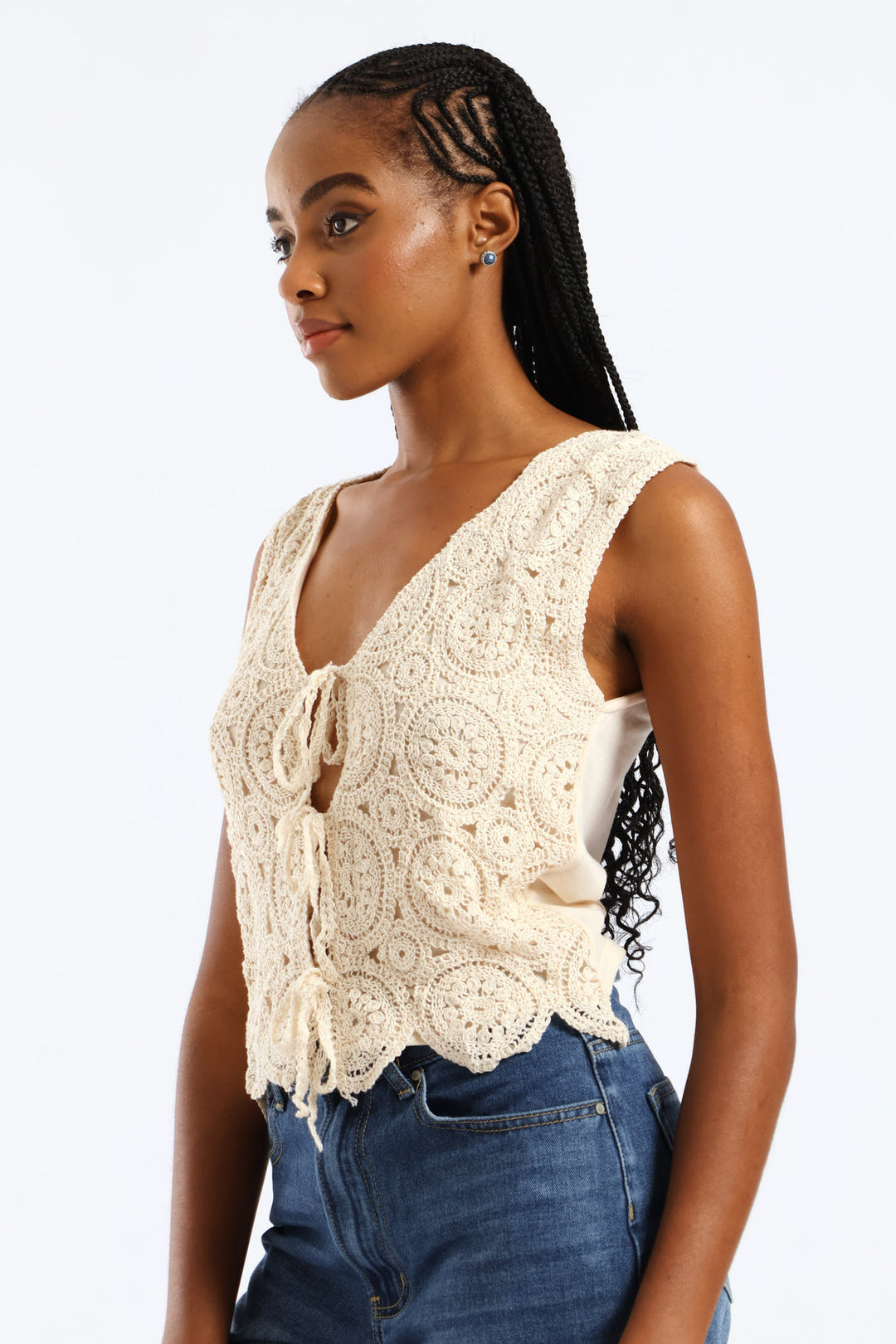 Tie Front Crochet Waistcoat - Cream